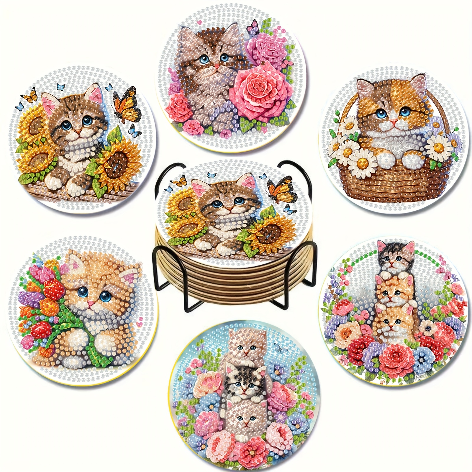 E-shop 6-teiliges DIY Diamantmalerei-Set für Untersetzer & Ständer - Frühlingskatzen-Motiv mit Holzrahmen, geeignet für Erwachsene & Anfänger, runde &