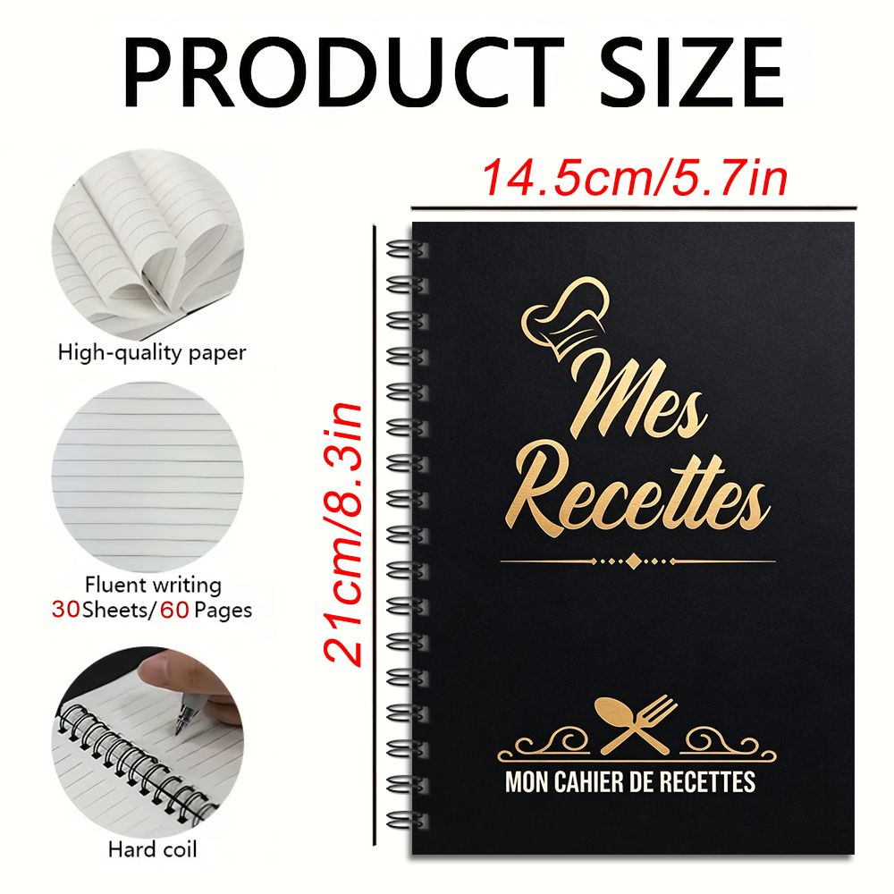TEMU Carnet de Recettes Style Français, Reliure Spirale, Ligné, Mon Recettes Doré, Journal de Cuisine, 60 Pages Adulte, Pack