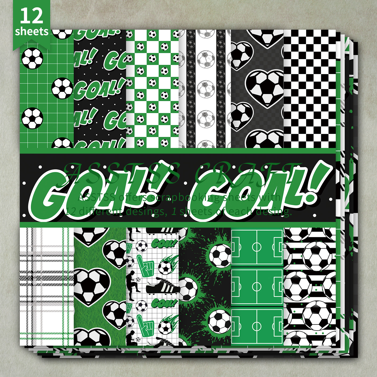 TEMU 12-sheet Asstss -inch Scrapbooking Paper Pad, Green Black Soccer Sports Geometric Style Backing Paper Supplies, Heavyweight Cardstock For