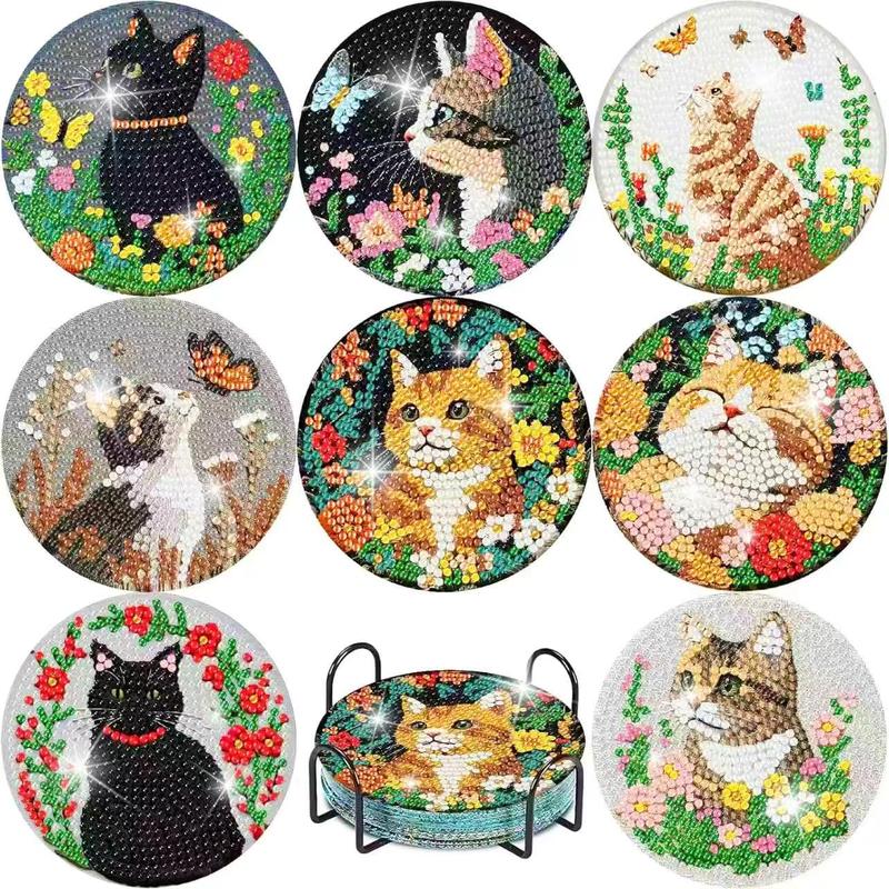 TEMU Cute Kitten Coasters With Holder, 8-pack 5d Diamond Painting Kit For Adults, Floral Cat And Cup Mats Craft Supplies, Perfect Gift For Cat Lovers