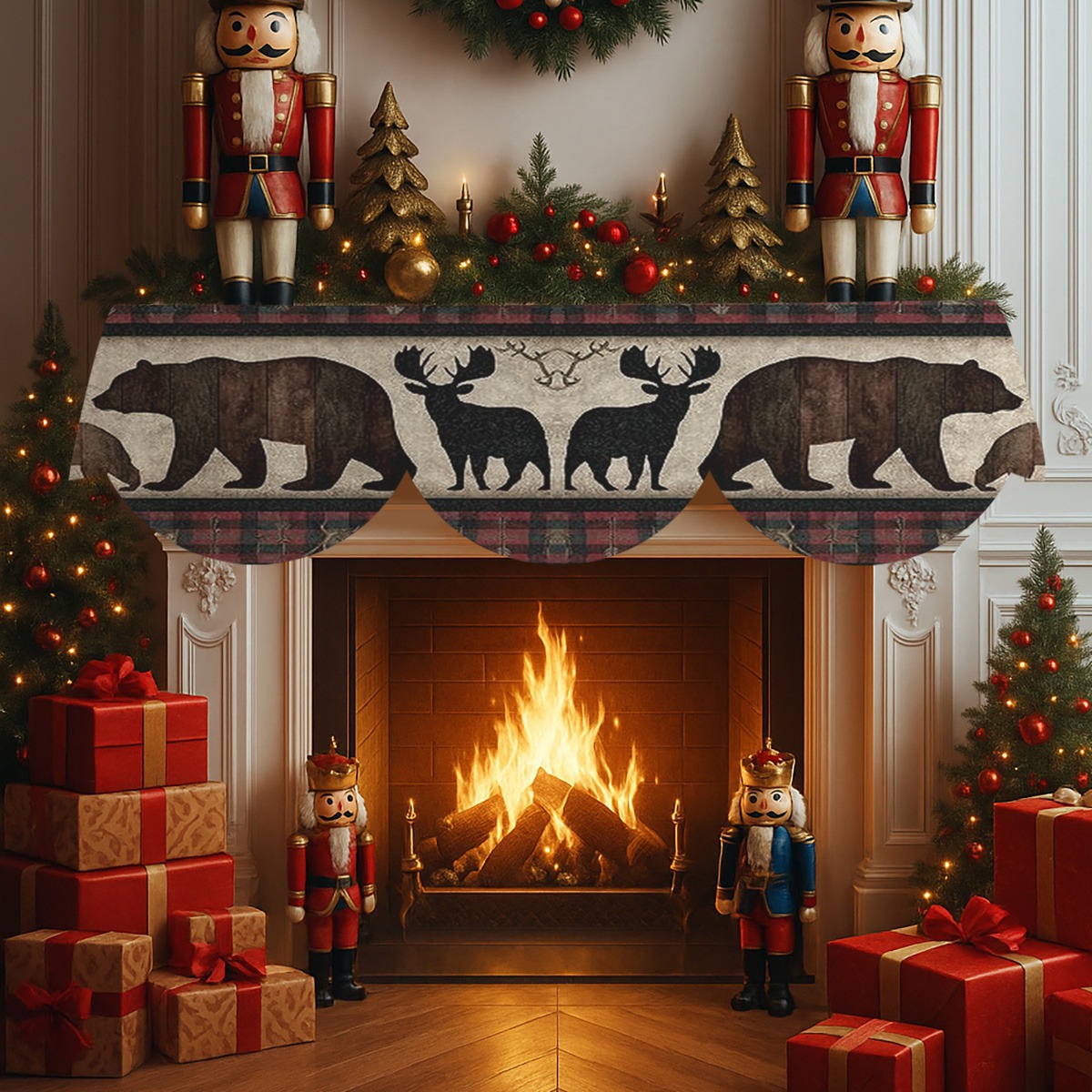 TEMU 1pc Mantel Scarf For Fireplace Table Runner Bear Antler Plaid Rustic Style Fireplace Cover For Holiday Party Home Decorations
