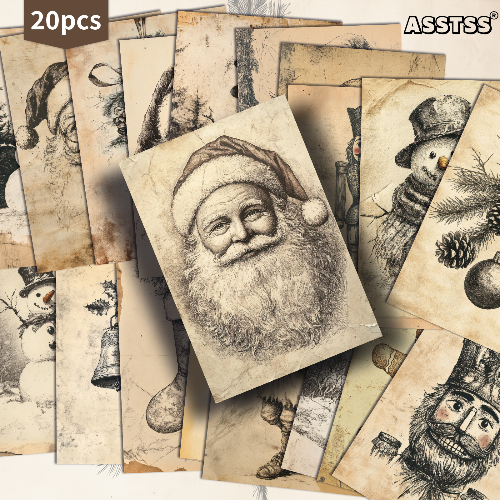 TEMU Lot de 20 cartes cadeaux de Noël ASSTSS Vintage Sketch - Papier journalier rétro de 4X6 pouces, illustrations classiques, cartes de peinture