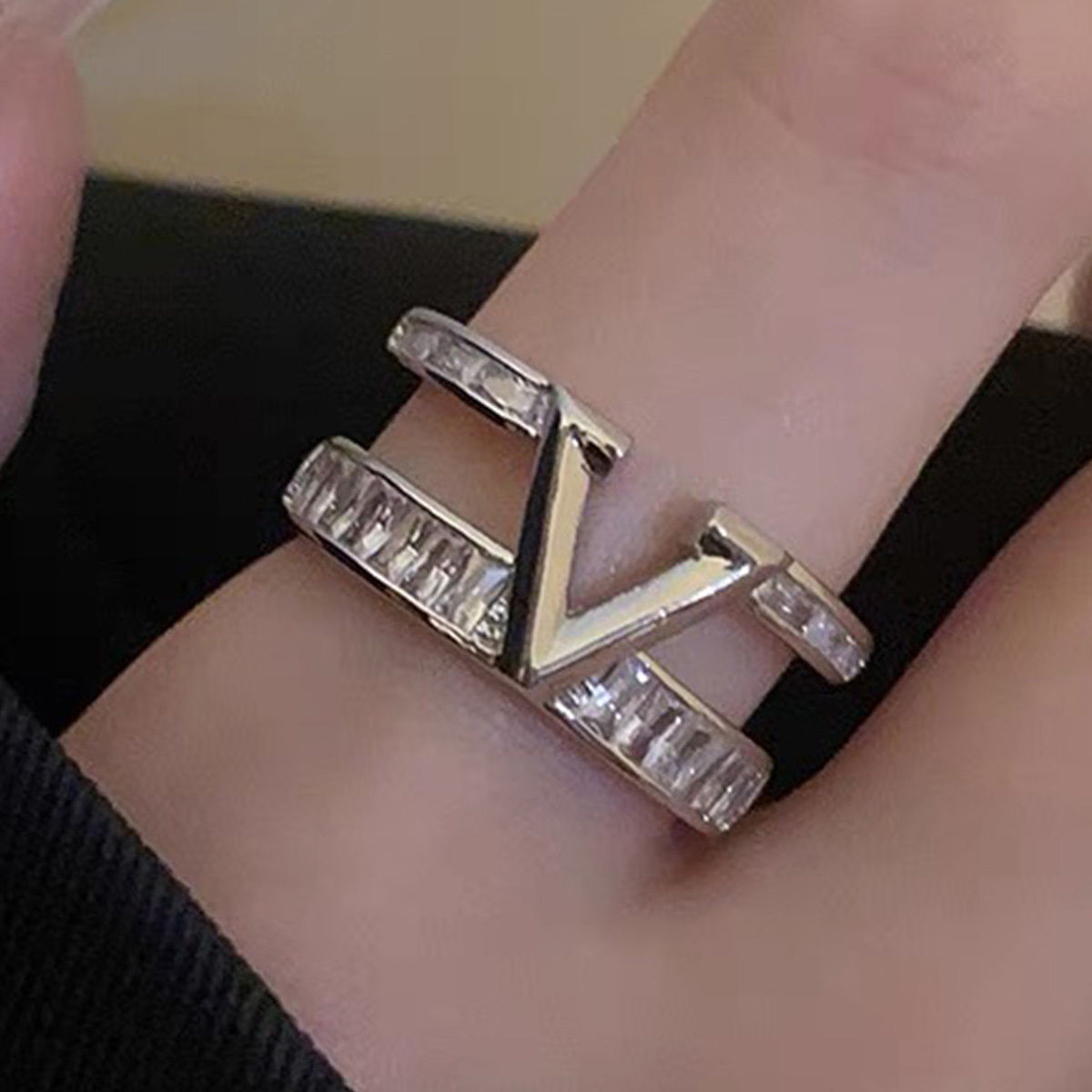 Golden Tone V Letter Ring CZ Accents Adjustable