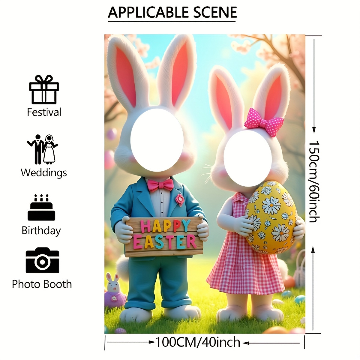TEMU Vibrant Easter Bunny & Egg Photo Booth Banner - Polyester Fiber, Indoor/outdoor Party Decor For Garden, Birthday, Spring/, Festive Easter Gifts