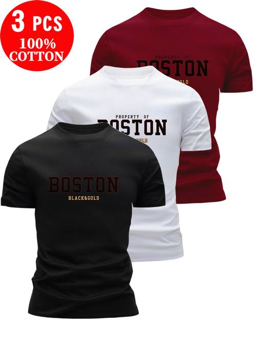 3 pezzi magliette 100% cotone, t-shirt corta fit estate, moda casual versatile traspirante con stampa lettere città boston