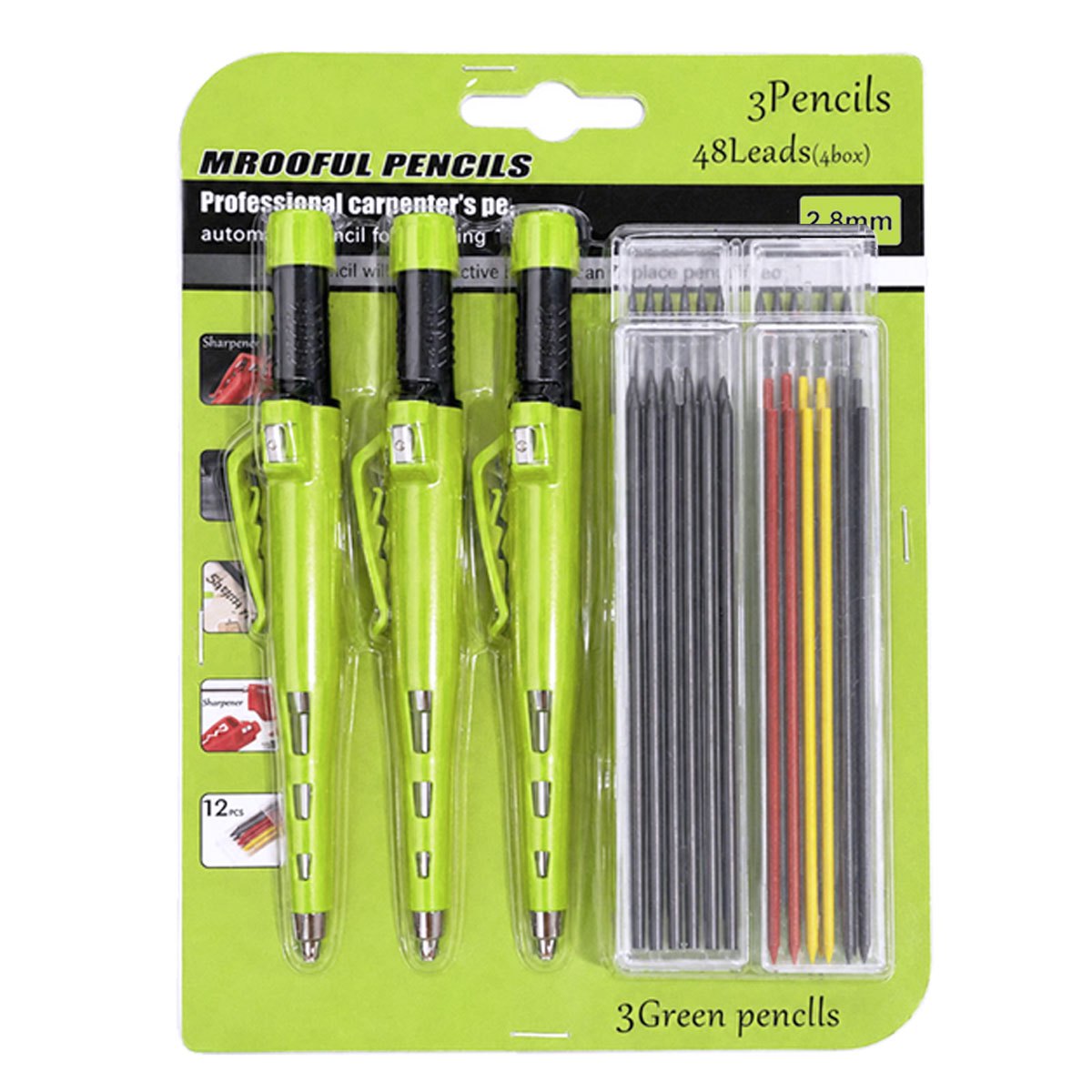 TEMU 2.8mm Woodworking Automatic Pencil Case Set (includes 3pcs Pencils And 4pcs X 12pcs Refills), Built-in Sharpener Mechanical Deep Hole Marking
