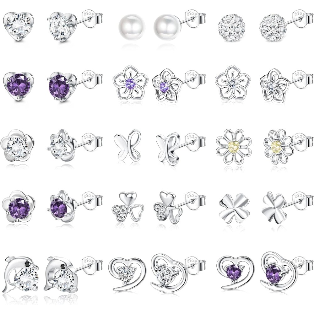 Image of 15 Pairs Copper With 925 Silver Ear Post Earrings For Women Earrings Stud Hoop Earrings Set Cubic Synthetic Zirconia Earring Set Sunflower Studs Birthday Gifts