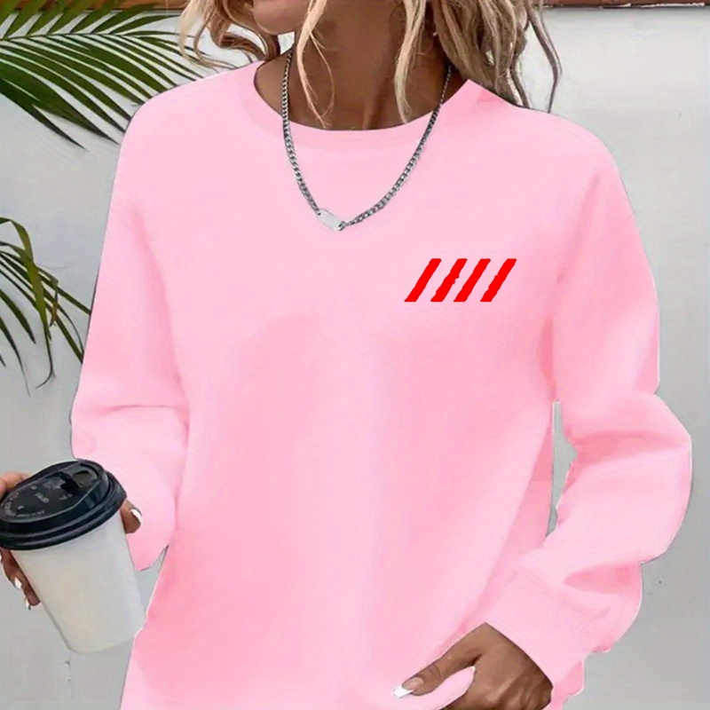 

Women's Casual Black Pullover Sweatshirt With Geometric Pattern - Long Sleeve, Round Neck, Polyester Knit, Machine Washable - Stylish Autumn/winter Wear