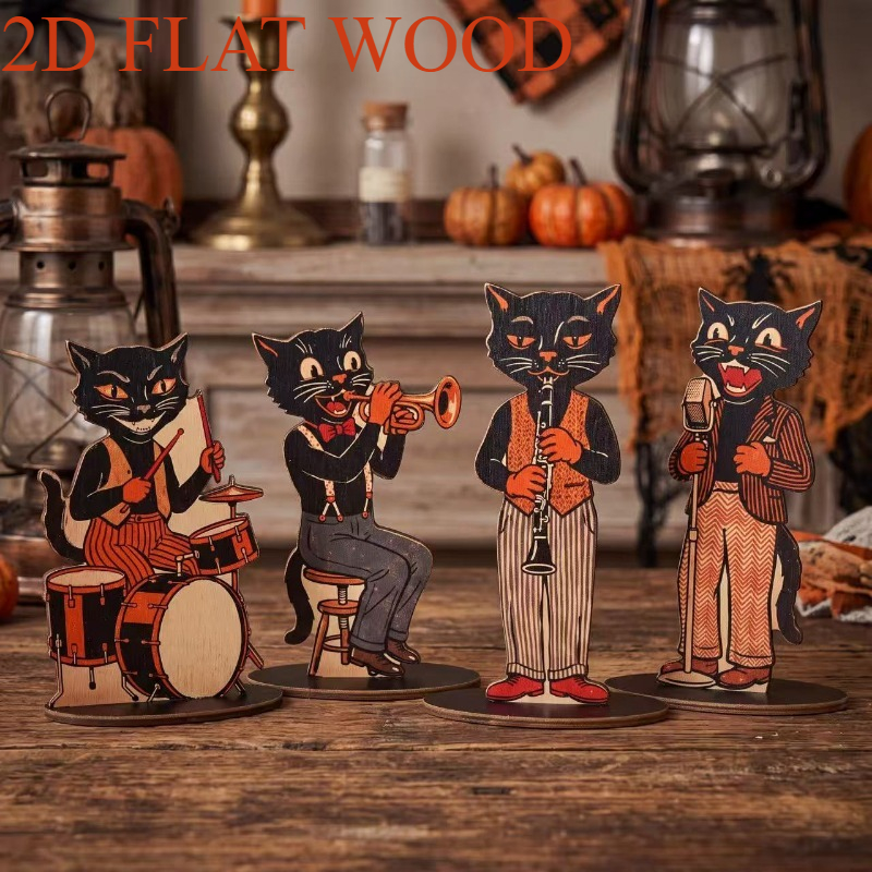 4-pack Vintage Halloween Black Cat Wooden Signs, Retro Tabletop Ornaments, Rustic Farmhouse Halloween Decor For Shelf Desk Mantel, Indoor Home Party Display Decor, Spooky Season Holiday Gift