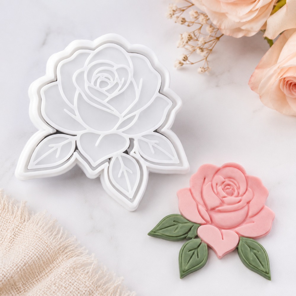 TEMU Rose Clay Cutter And Embossing Stamp, 6.5cm Clay Mold With Leaf Detail, Reusable Flower Shape Cutter For Polymer Clay, Pottery, Ceramic Crafts,
