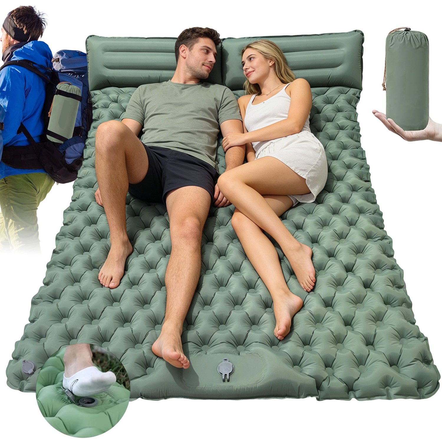 E-shop Ultraleichte aufblasbare Liege für Zwei, mit eingebauter Fußpumpe und Kissen, ideal für Camping, Wandern und Reisen