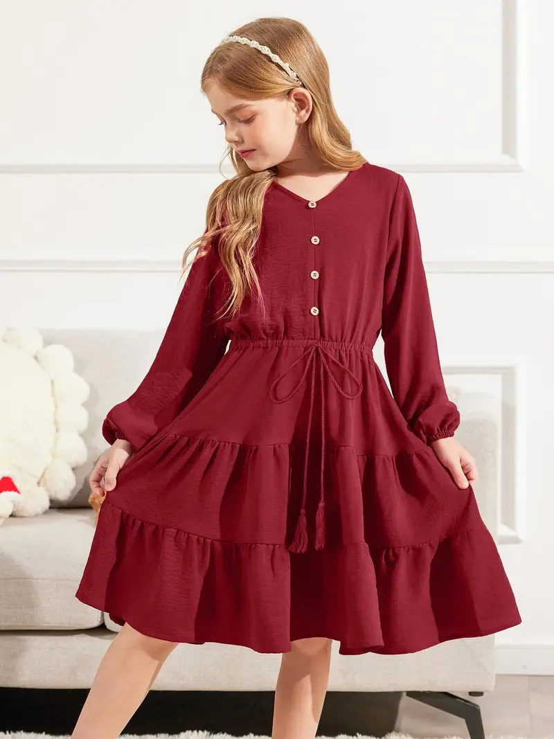 Tween Girls Dresses Fall Long Sleeve V Neck Waist Tie Ruffle Tiered Swing * Dress for 5-12 years Tween Girls Dresses Fall Long Sleeve V Neck Waist Tie Ruffle Tiered Swing * Dress for 5-12 years
