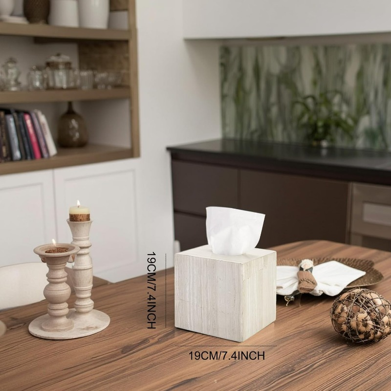natural   marble tissue box holder square   with open bottom access beige grey marble pattern anti slip base polished   fits bathroom vanity bedroom dresser kitchen countertop luxury storage organizer for tissues 7 4 x7 4 x7 4 Product details 3