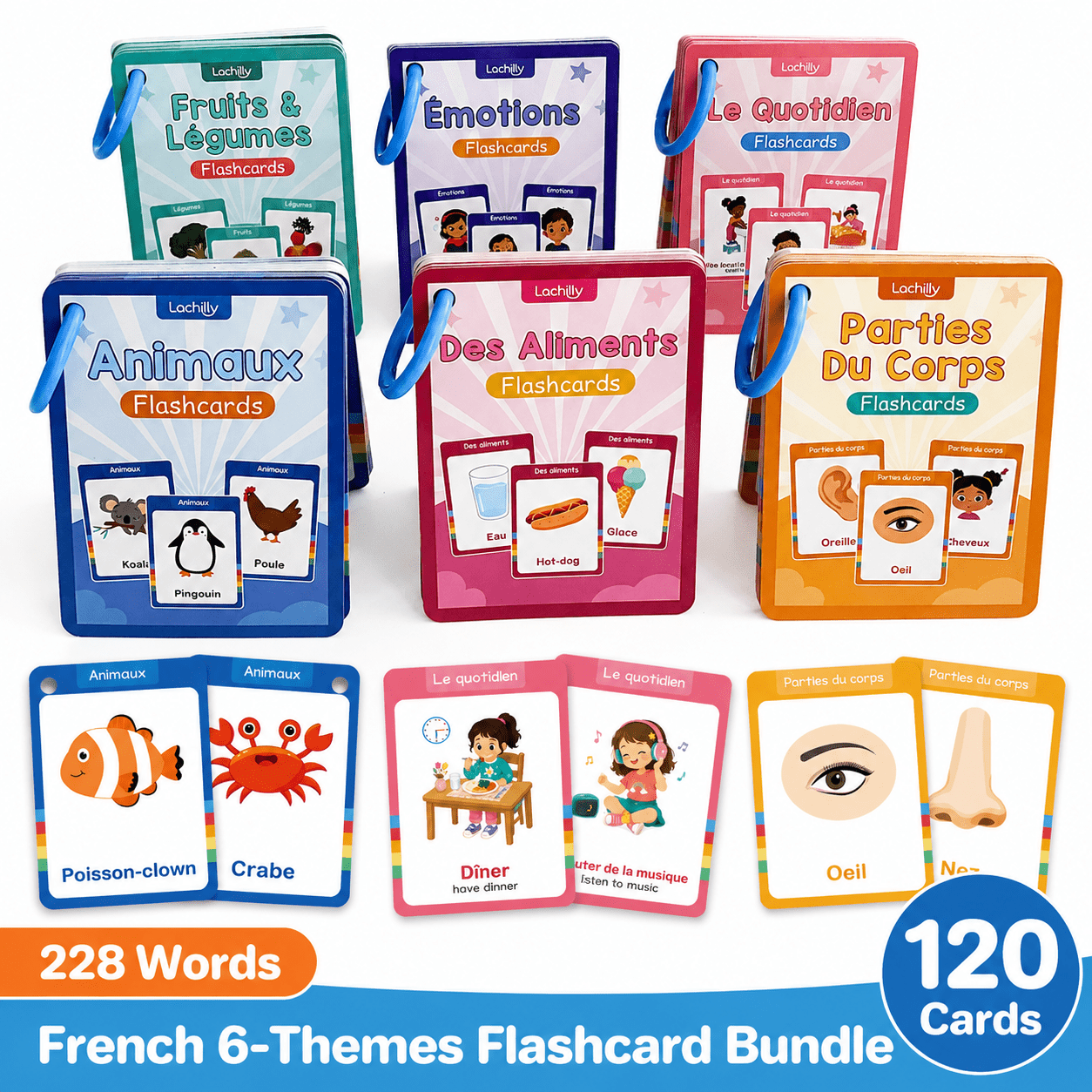 TEMU Lot de 6 jeux de 120 cartes flashcards 228 français et anglais pour enfants, cartes d'apprentissage du , cartes d'images de quotidienne Otions,