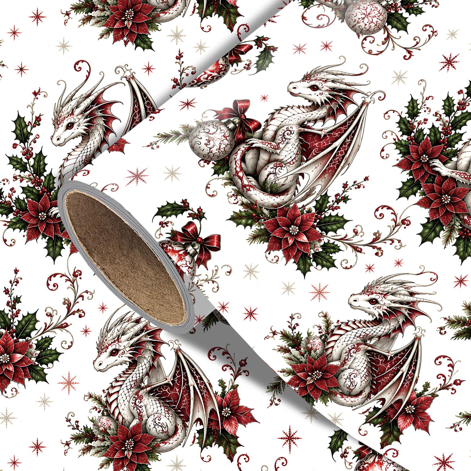 TEMU 1 Rolle Vintage Weihnachtsgeschenkpapier, 17.7In X 118In, Weißes Drachen Weihnachtsgeschenkpapier mit Poinsettia Blumen, Heidelbeerbeeren,