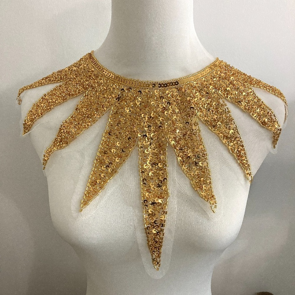 TEMU 1pc/43cm/16.93in Pleated Lace Trim With Golden Sequins, Beads, And Sequined Mesh, Floral Accessory, Diy Patch Applique For Hair Accessories,