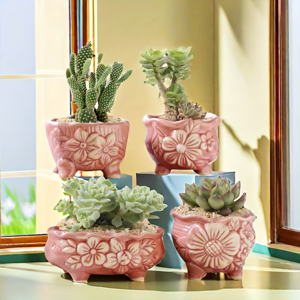 

4pcs Ceramic Flower Pots - , Drainage Hole , For Succulents & , Material, Ideal For Indoor/outdoor Desktop Window Landscaping, Perfect Gift For Christmas, Birthdays, Day