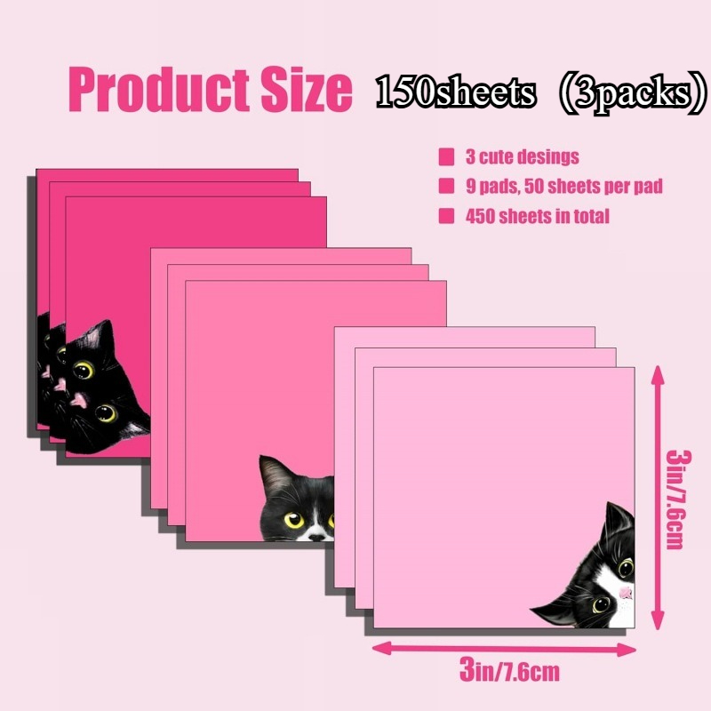 TEMU 150pcs Cute Black Cat Sticky Notes Suitable For Back-to-school, Teachers & Students - Pink Square Adhesive Paper With Kitten, Stickiness For