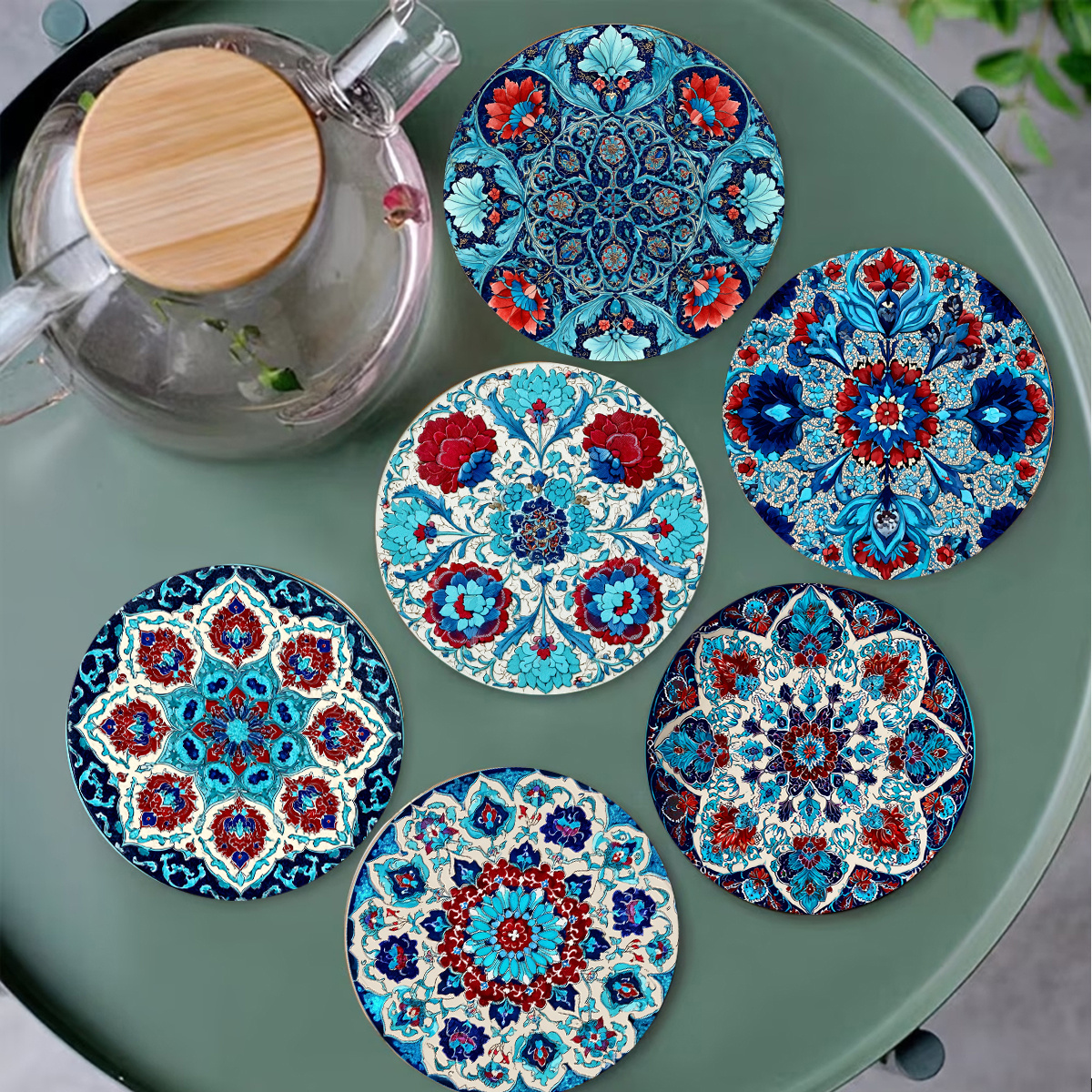 TEMU 6pcs Turkish-themed Coasters Suitable For - Turkish Patterns Wood Coaster Set, Non-slip Heat-resistant Table Protectors With Retro Turkish ,