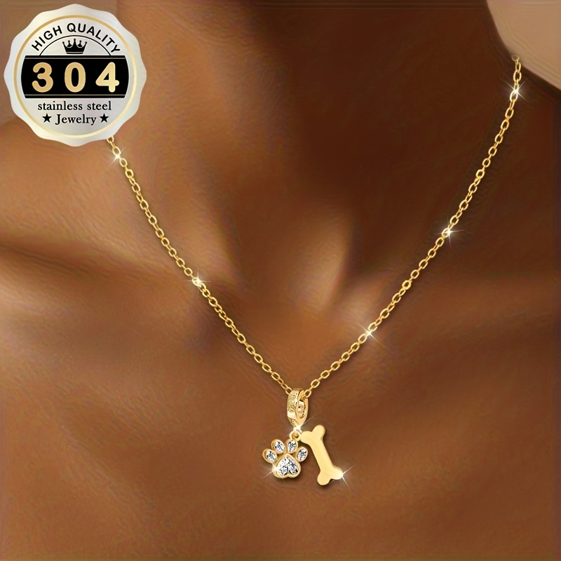 TEMU Collar con colgante de de pata de mascota y hueso de acero inoxidable 304, cadena de clavícula con incrustaciones de circonita cúbica, lindo