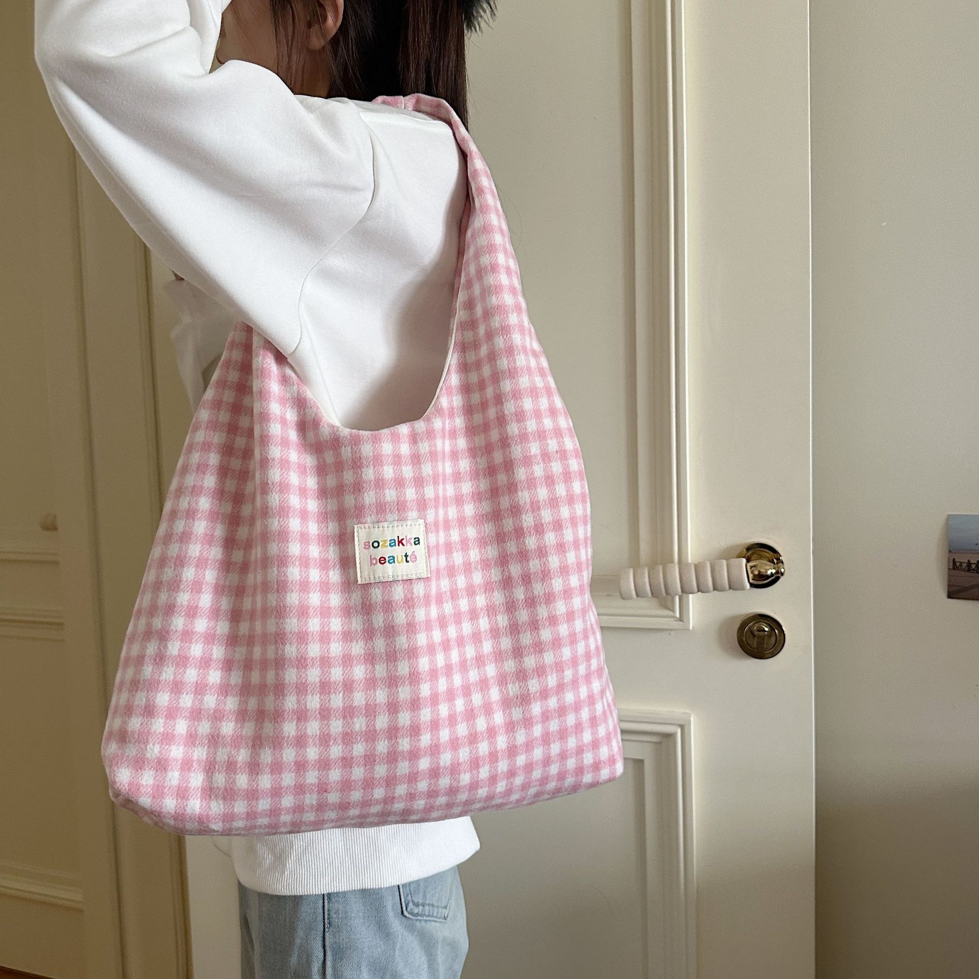 Pink Gingham Hobo Tote Bag Large Capacity Casual Shoulder Purse_voghion.com