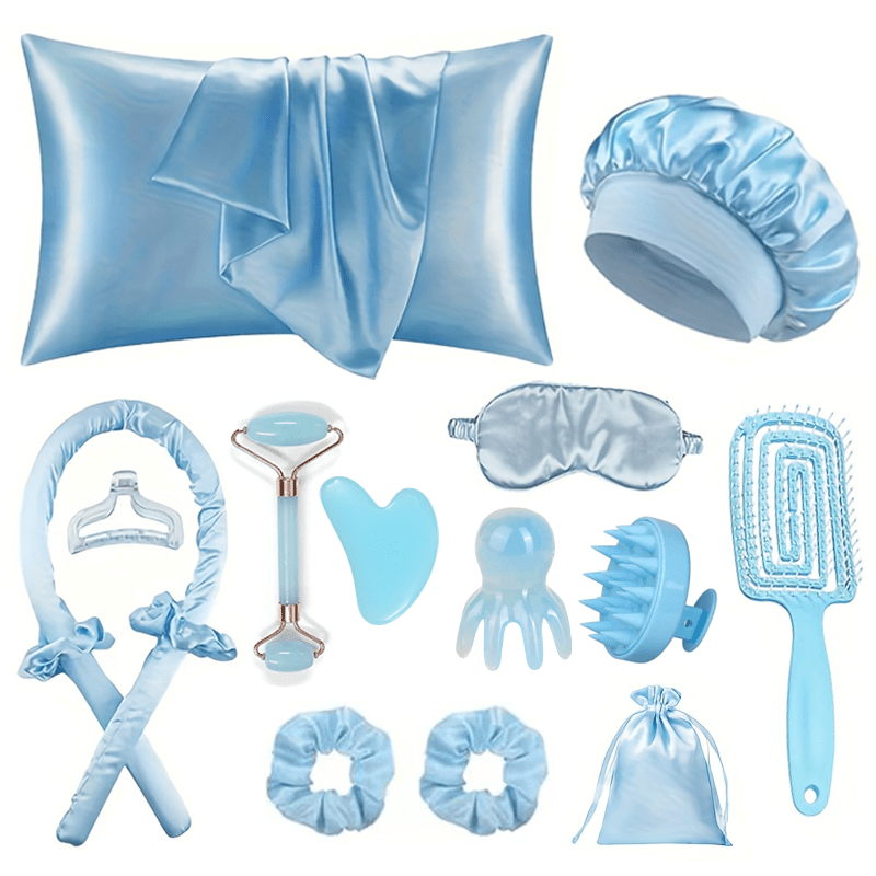 Image of 15pcs Sleep Hairstyle Set, Including Heatless Hair Curlers And Facial Massager, 1 Head Massager Brush, 1 Octopus Massager, Relaxing Scalp, Sleep Eye Mask, Sleep Cap And Large Hair Tie Storage Bag