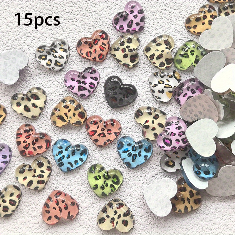 Image of 15pcs 2cm/0.79in Random Color Mixing Shiny Leopard-print Heart-shaped Resin Jewelry Accessories Diy Hairpin Hair Accessories Making Materials Accessories Mobile Phone Shell Stickers Handmade Materials