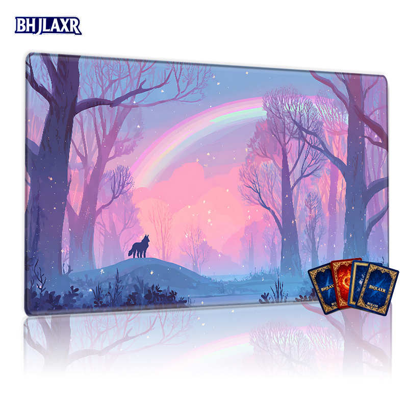 품목 사진 늑대 숲 무지개 플레이매트 1개 - 24x14인치 미끄럼 방지 게임 패드, ccg, tcg, rpg용 내구성 있는 책상 매트, 마우스 패드 및 테이블 장식, 친구 선물
