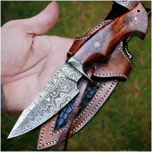 survival knife damascus steel high carbon steel knife suitable for outdoor camping and hiking ergonomic non slip handle durable leather case used as birthday gift anniversary gift christmas gift