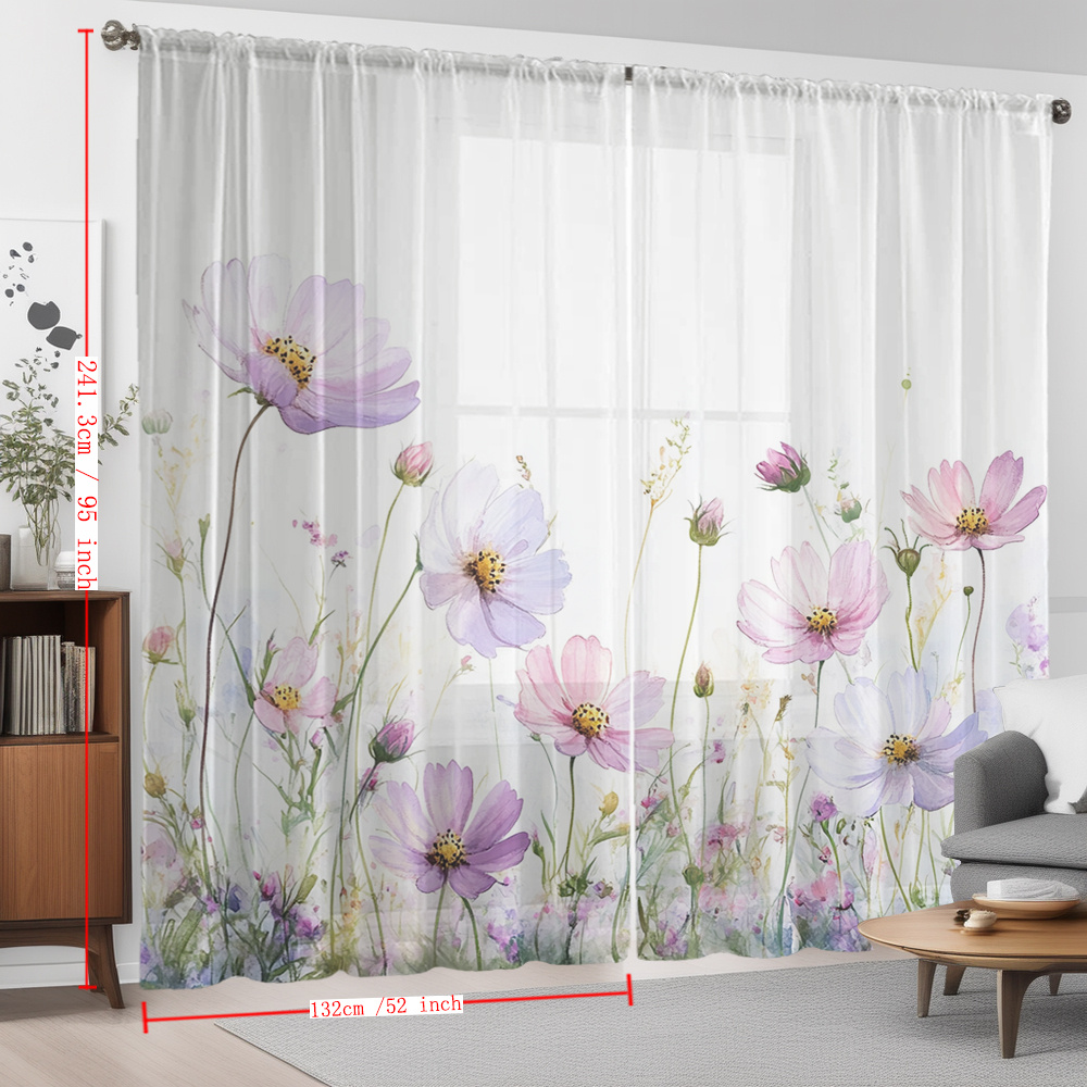 TEMU 2pcs Watercolor Pink White Floral Style Printed Home Decor Sheer Curtains, Modern Artistic Style Flowing Window Scarf, Curtains Suitable For