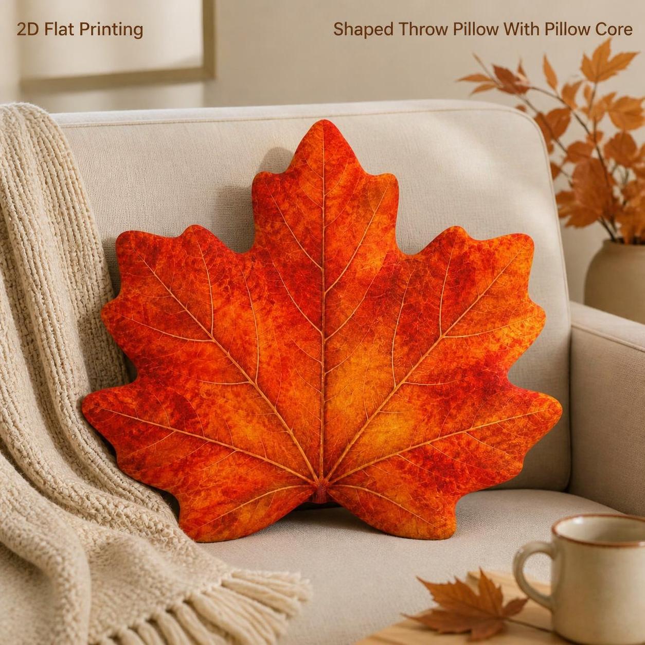 TEMU Coussin décoratif de feuille d'érable rouge 2D à impression plate, oreiller rembourré rouge et orange avec motif de , idéal pour de , cadeau de