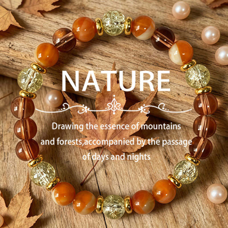 TEMU 1pc Bracelet élastique vibrant d'automne avec perles, chaud, et brun riche, avec décoration d'espacement doré , bijou de poignet bohème facile à