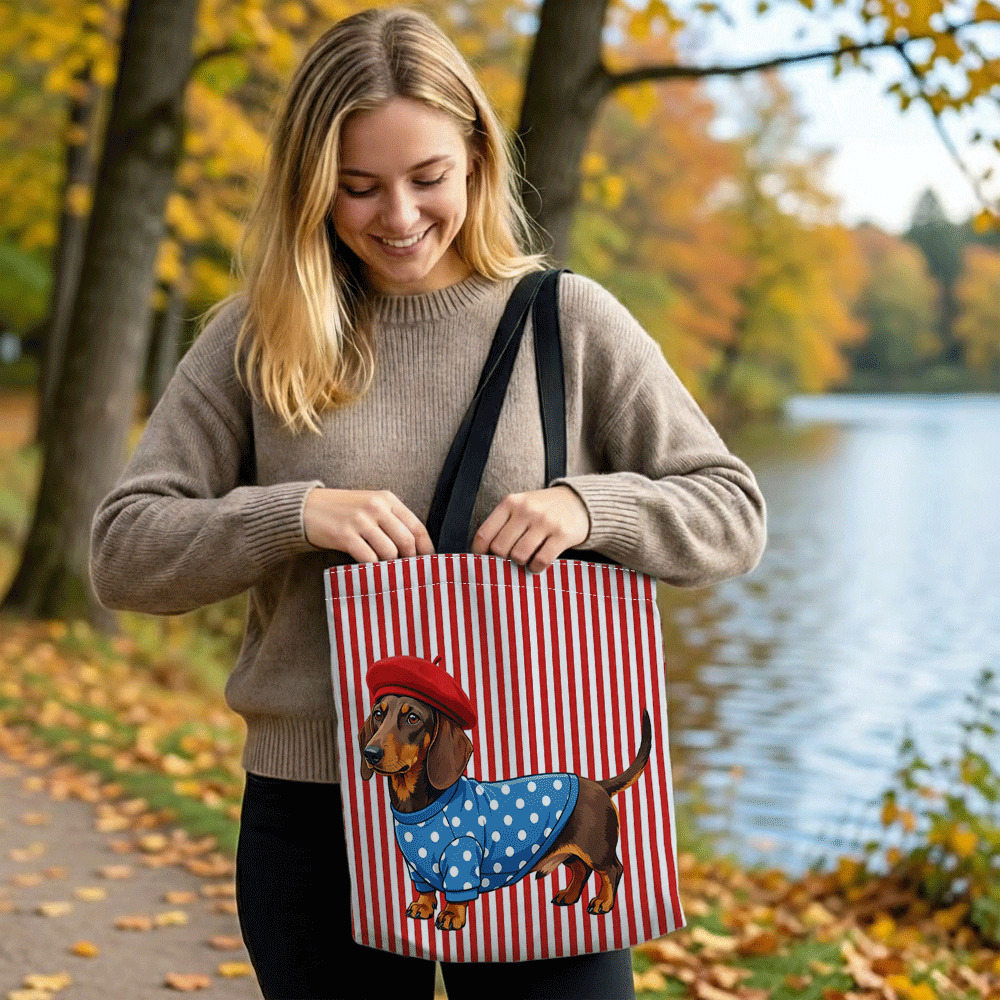 E-shop Niedlicher Dackel mit roter Mütze gepunktetem Kleid Digitaldruck Mode-Einkaufstasche, Tragetasche Leinwand-Handtasche – Lebendige Herbstszene,
