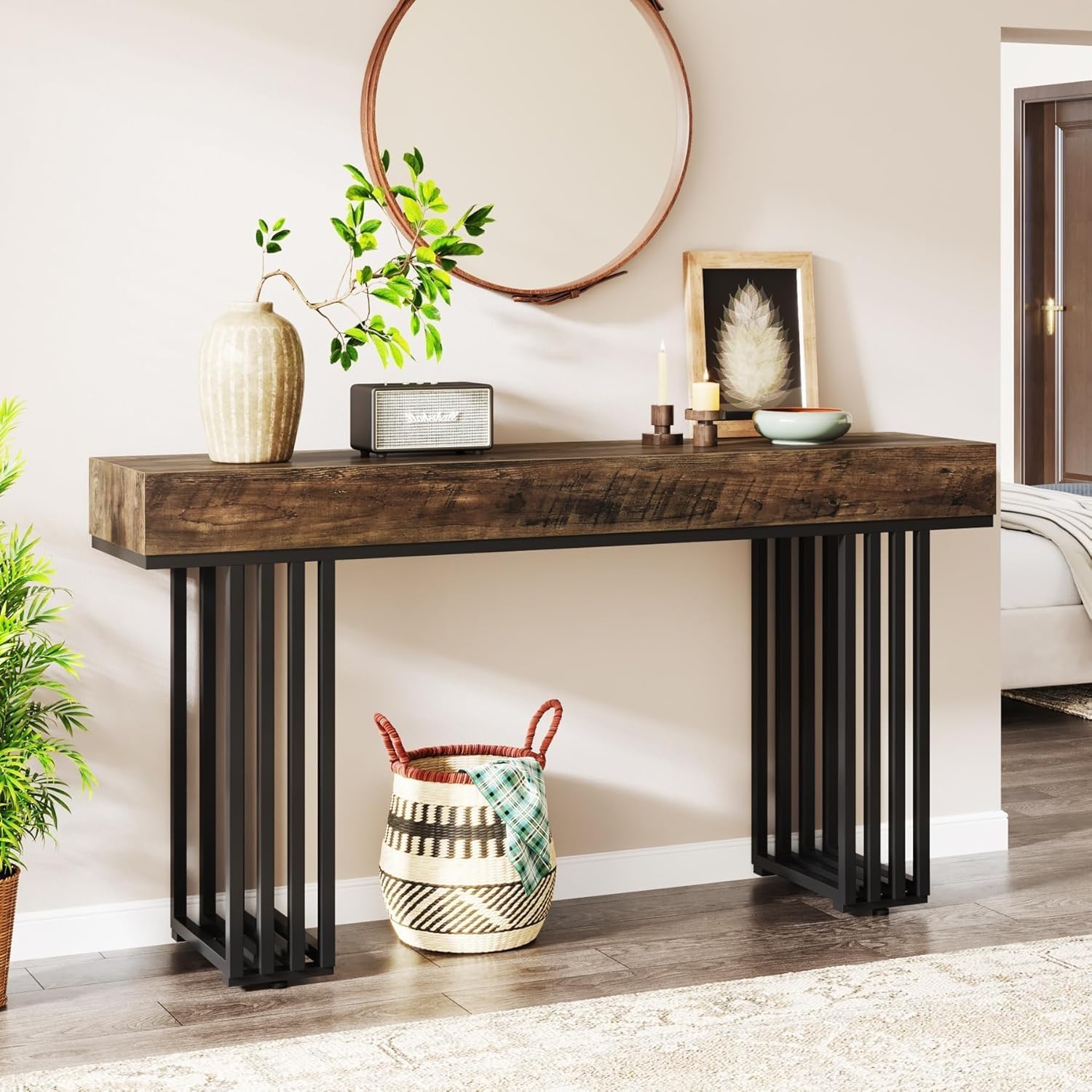 55-inch Industrial Console Table With Sturdy Metal Frame - Heavy-duty Entryway Hallway Table, Space- Sofa Foyer Table For Living Room, Entryway