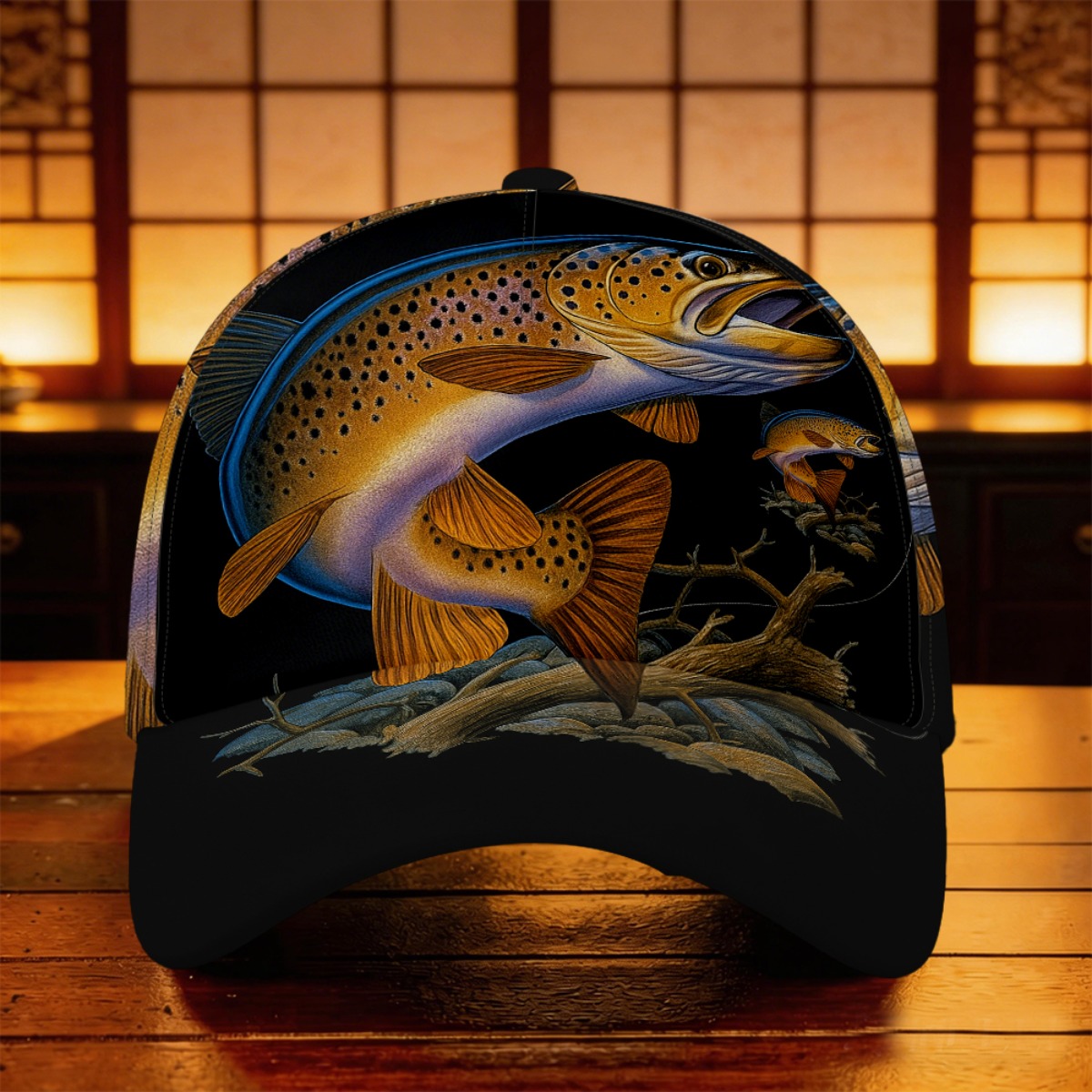 TEMU 1pc Brown Trout Fishing Cap With Realistic Fly - Lightweight Retro Full Print Trout Illustration, 5-panel Visor, Suitable For Hiking, Outdoor