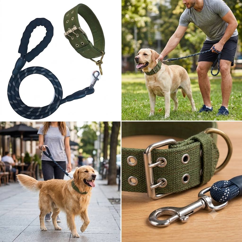 Double-Button Dog Collar for Medium Dogs with Adjustable Leash