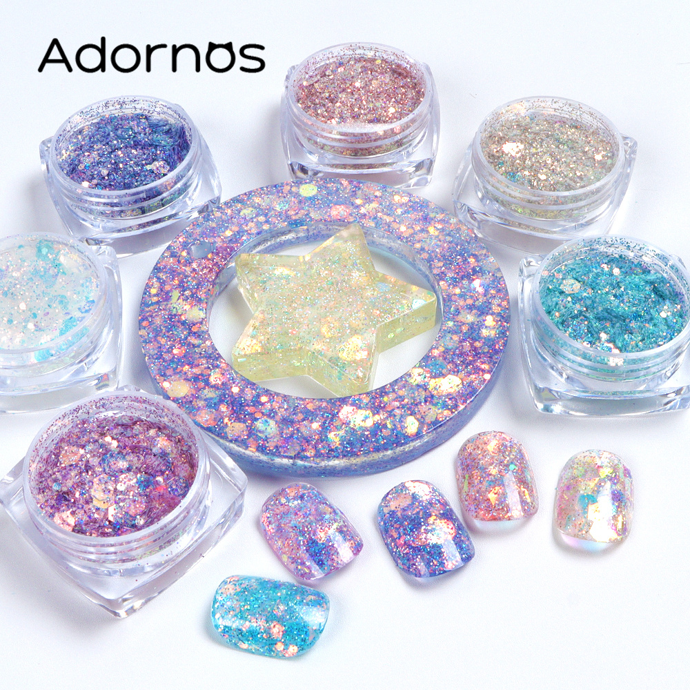 

Adornos 6 boîtes hexagonales de paillettes sirène, paillettes épaisses non parfumées Aurora pour vernis gel, décorations pour nail art, accessoires de manucure.