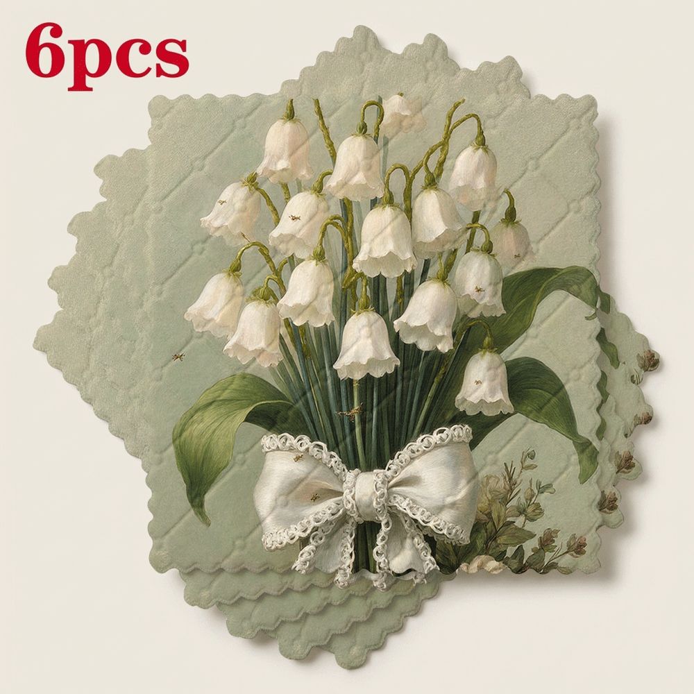TEMU 6pcs Set Kitchen Dish Towels, Lily Of The Valley Artificial Flower Bouquet, Reusable Cleaning Cloths, Microfiber Scouring Pads, Absorbent And