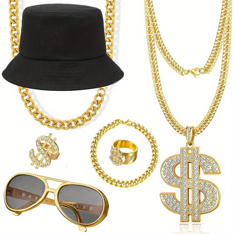JurciCat Déguisement Années 80 Homme Hip Hop - Kit 5 Pièces Casquette Chaîne Dollar Lunettes