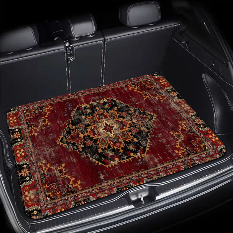 TEMU 1pc Red Boho Printed Trunk Mat | Durable Polyester Floor Liner, Safe And Practical For , Lifting And Secure Cargo Storage, Applicable, Vehicle Interior Accessories Christmas Gift
