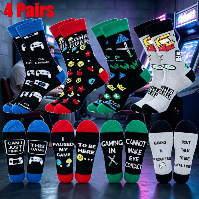 TEMU 4 Pairs Unisex Game Console Controller Jacquard Mid-calf Socks, Teenager's Mid-calf Socks, Fun Slogan Elastic Breathable Knit Trendy Socks,