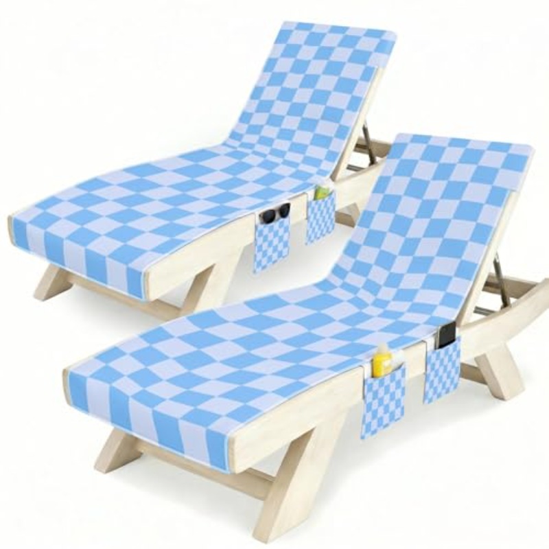 Lounge Chaise Chair Towel Covers Pack of 2, Beach Chair Cover with 3 Pockets for Pool Outdoor Beach Garden Patio Trips, 85 X30in (Blue Checkerboard)