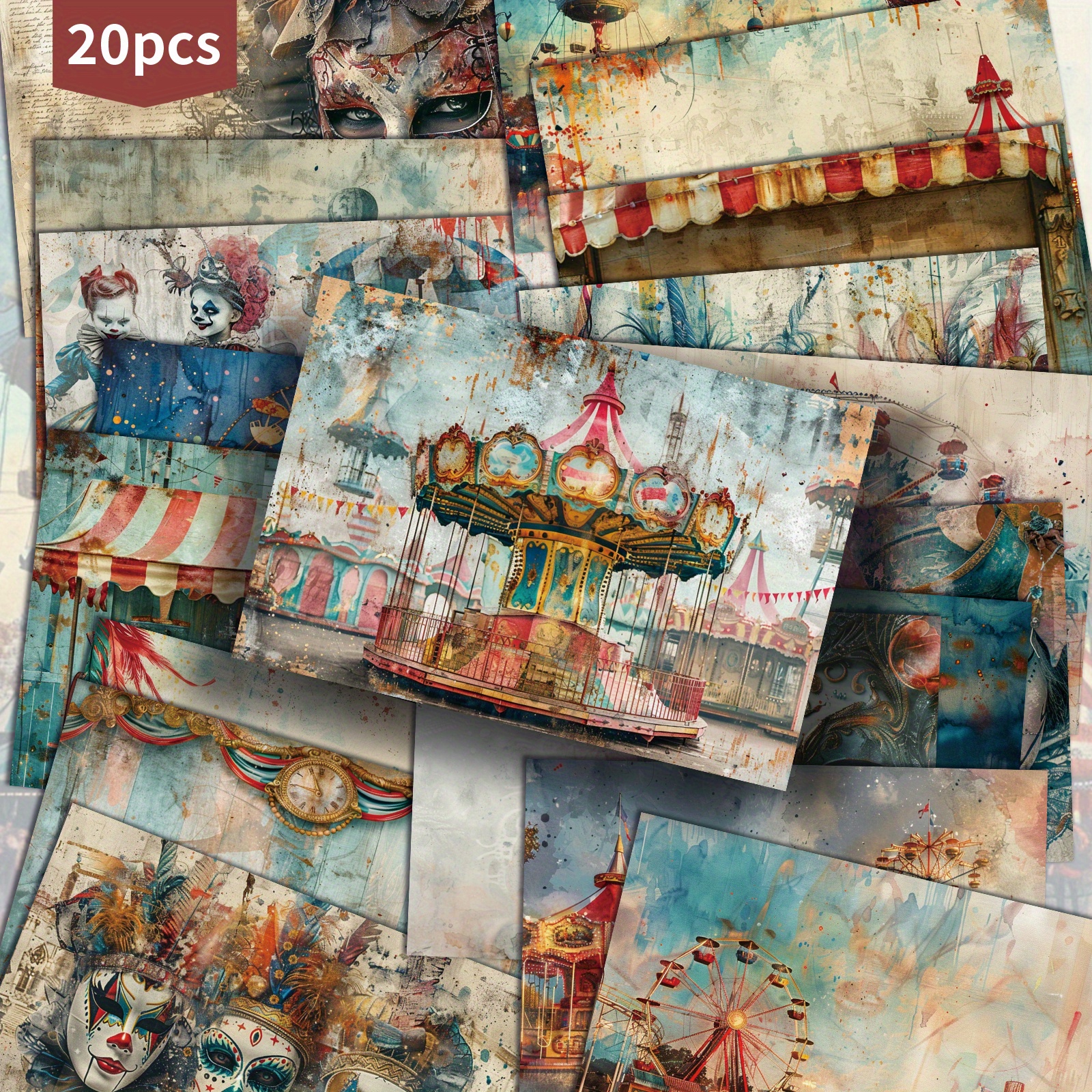 TEMU 20 Pack Asstss Carnival Paper Postcards - 4x6 Inch Junk Journal Cards With Carnival Masks, Clown Faces, Wheel & Circus Tent Designs, Pastel &