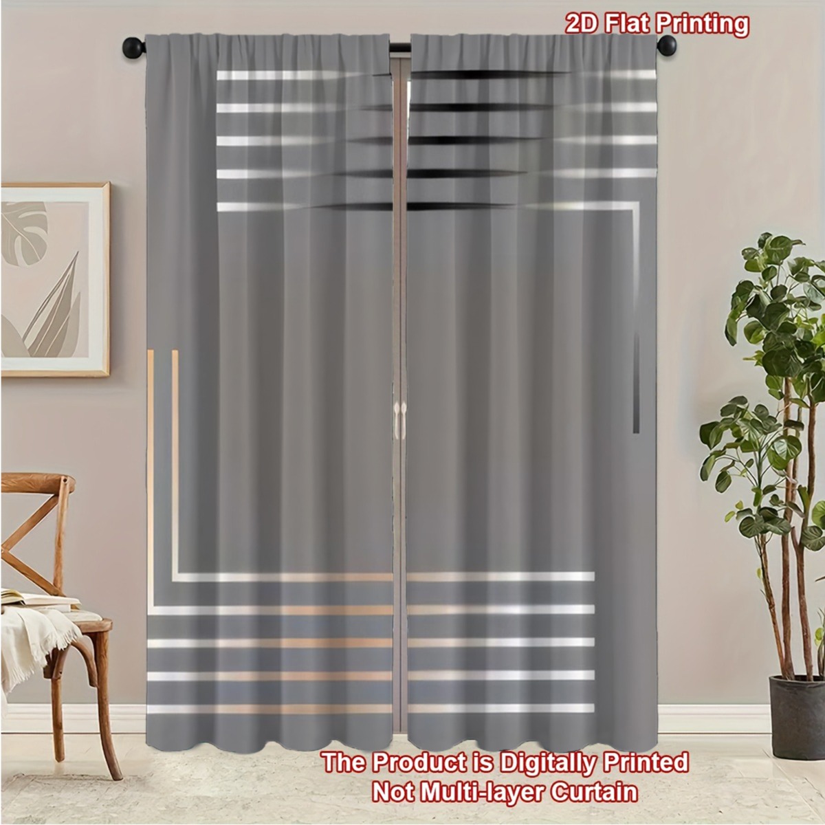 TEMU 2D, 2D 2 piezas de cortinas de estilo moderno minimalista, estampado de líneas geométricas grises, material de poliéster con de impresión