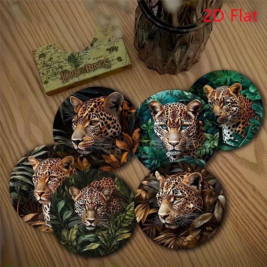 TEMU 6pcs Wood Coasters Suitable For Home & Dining Table Decor - Wood Round Suitable For Coffee, Tea Cups, Hand Washable Leopard Print Coaster Set,