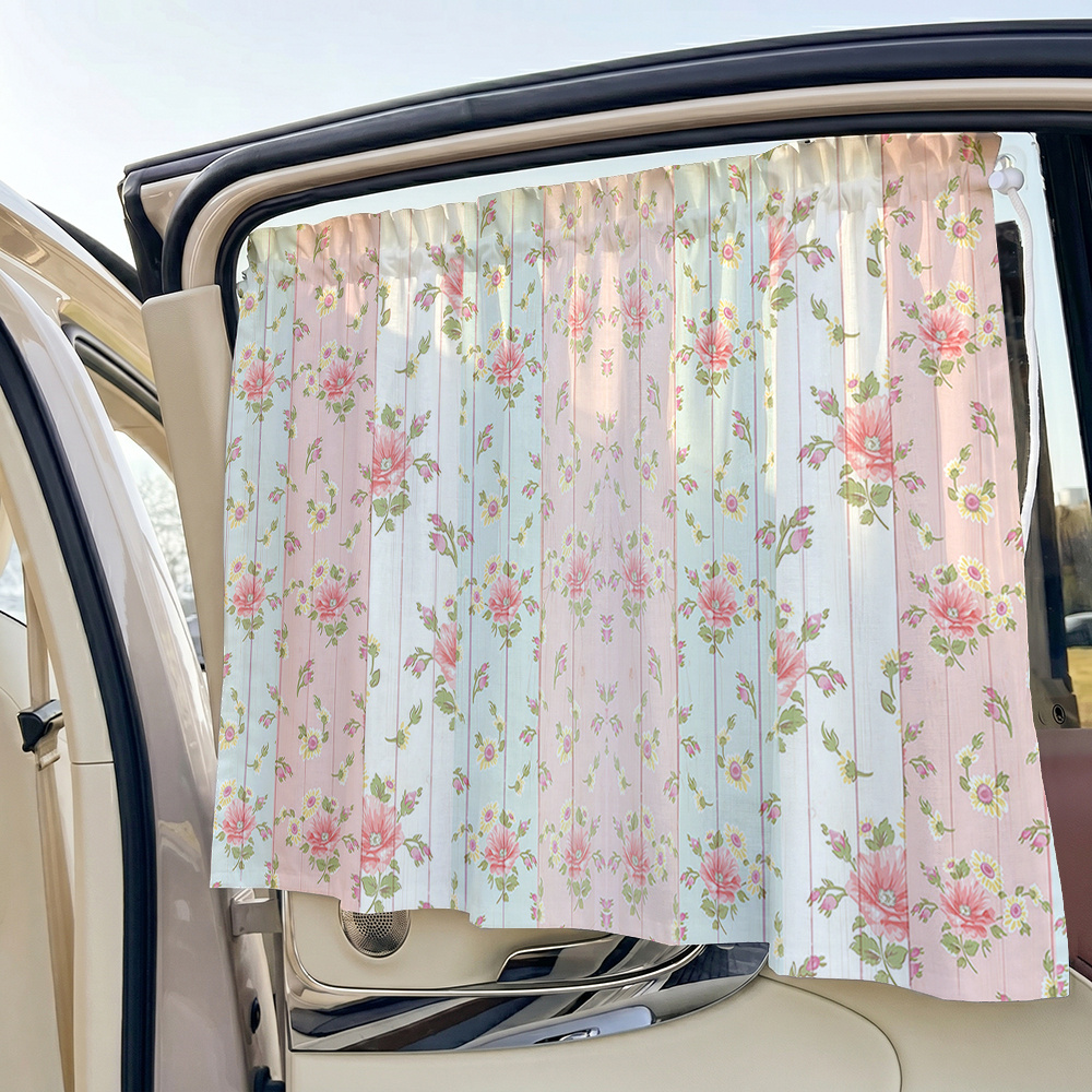 TEMU 1pc 2d Flat Pastoral Style Vertical Striped Floral Print Car Window Curtain, Suction Cup Sun Shade, , Adjustable Rope, Fits Most Car Models,