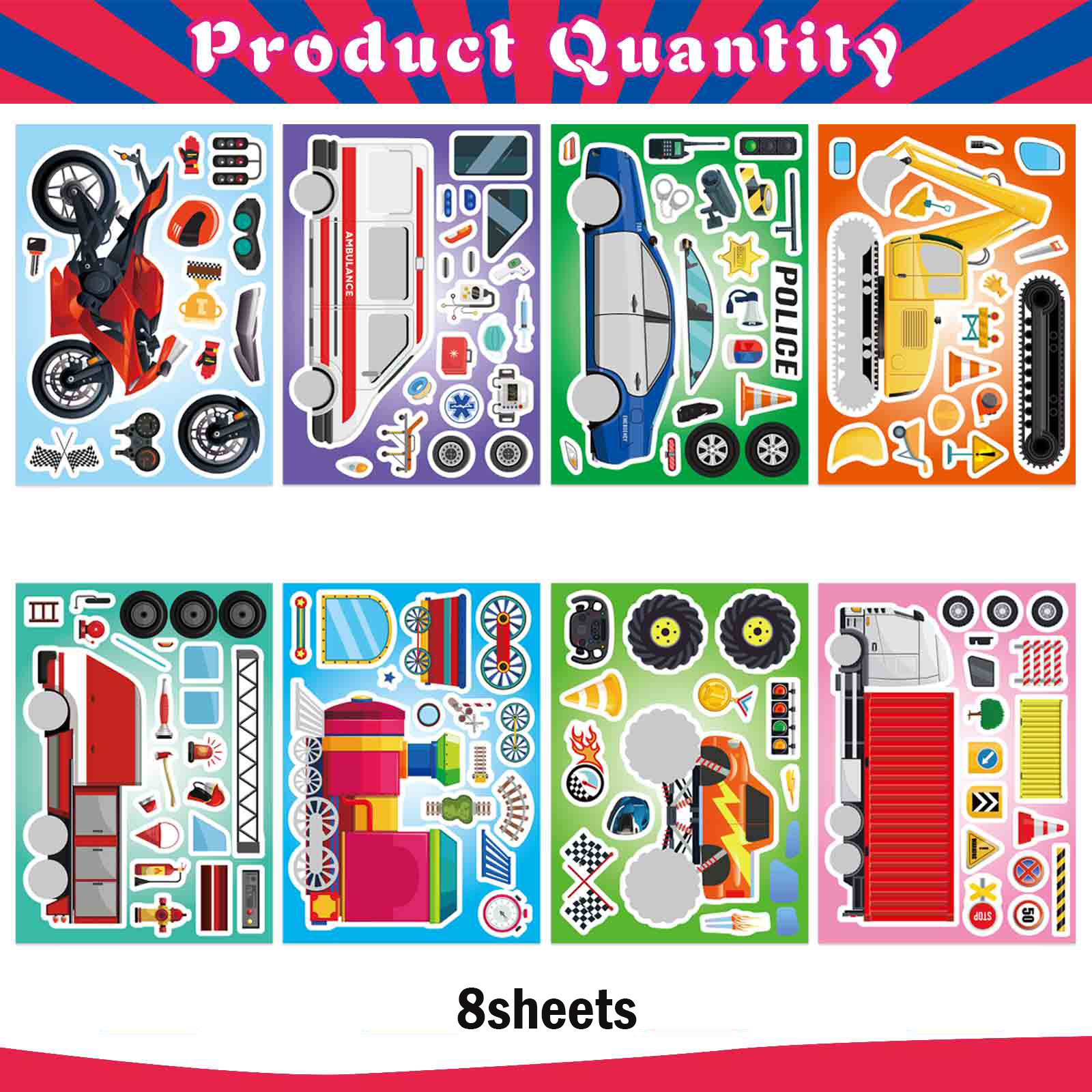 8/ 16 Vehicle Stickers, Interactive Puzzle Toys For Parent-child Interaction, Make Your Own Truck, Police Car, Motorcycle, Christmas Decoration, Gifts For Children During Holidays