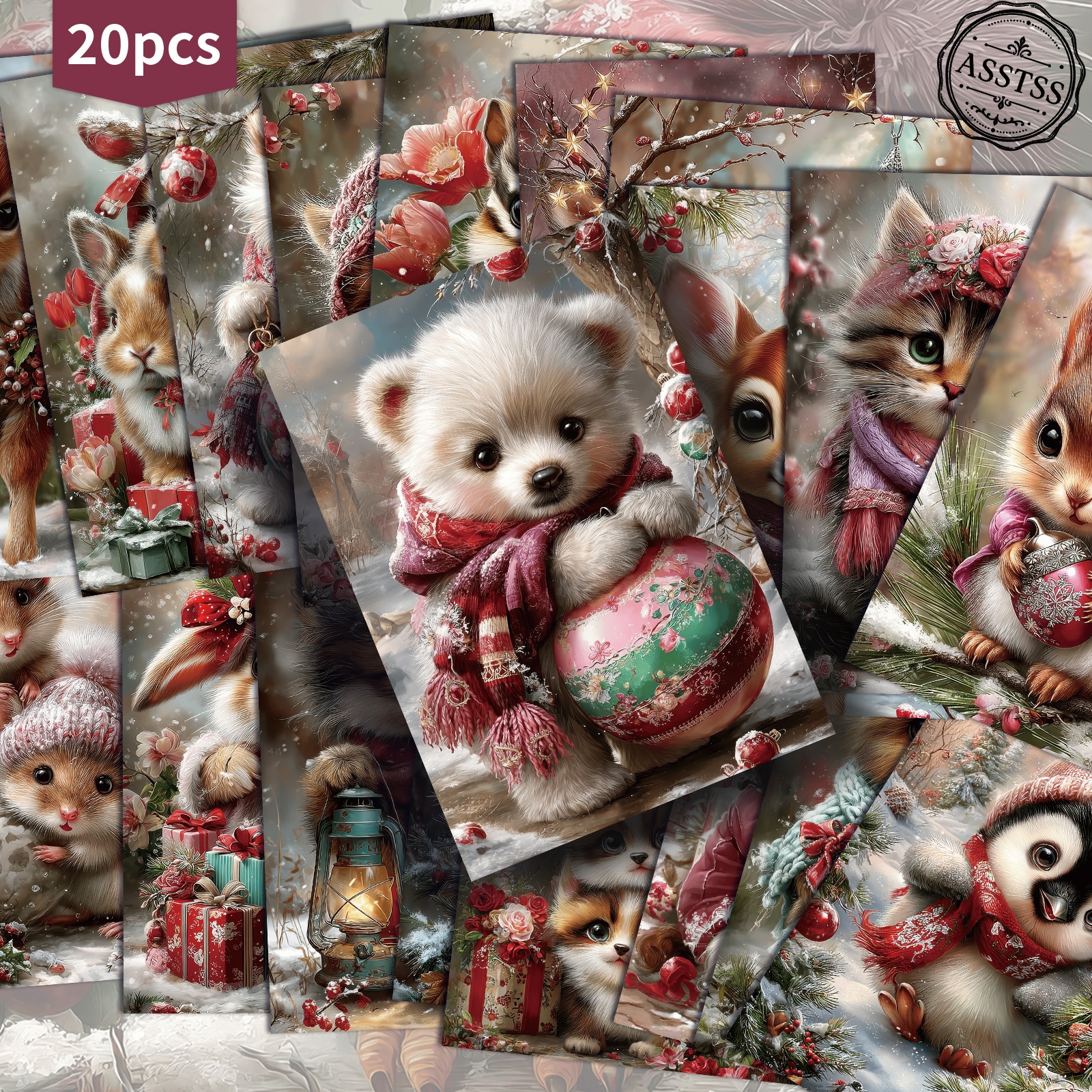 TEMU Lot de 20 cartes postales ASSTSS Vintage Noël avec animaux - 4X6 pouces, fournitures de journal rétro, illustrations classiques, cartes de