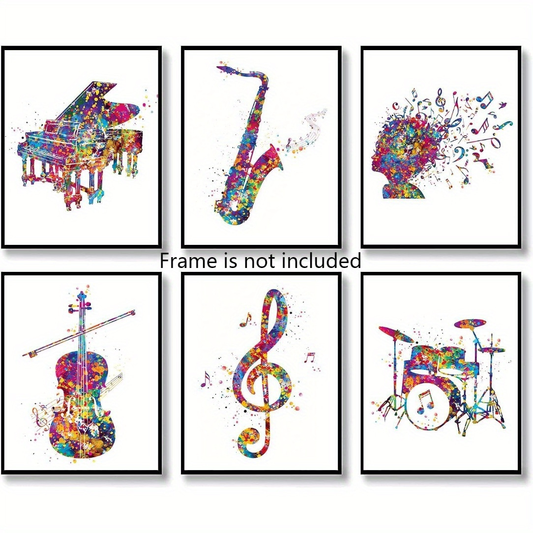 

Décoration de 6-Pack cadreless Watercolor instruments de musique murale, 8x10 pouces, affiches de musique abstraites avec , violon, clef haute, pour la décoration de et de ,