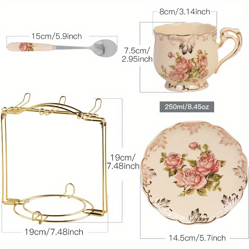     cups and saucers set of 6 8oz vintage floral porcelain tea cups set coffee cups with golden rack Product details 6